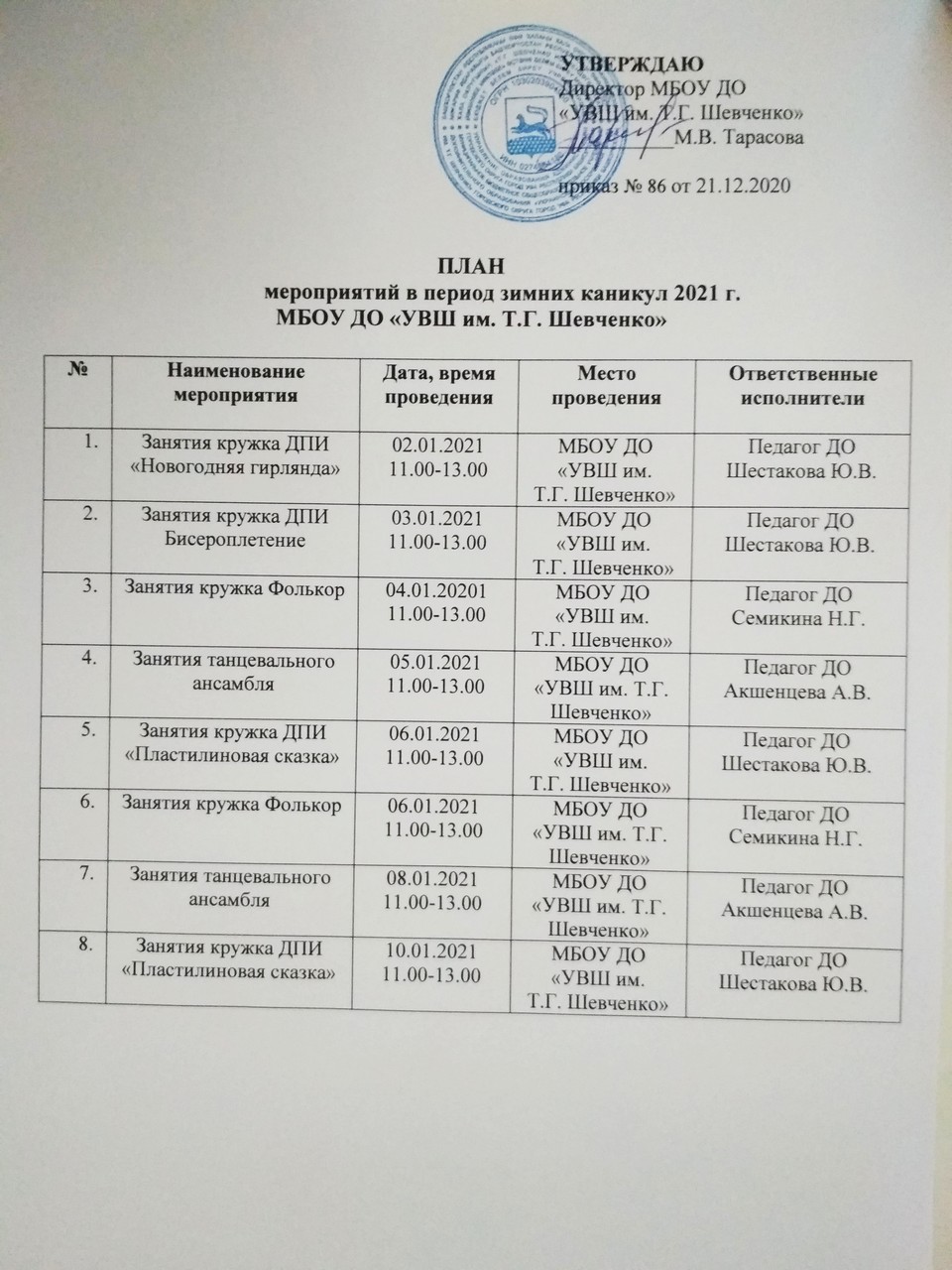 ПЛАН работы кружков в период зимних каникул 2021 г. в МБОУ ДО «УВШ им. Т.Г. Шевченко»